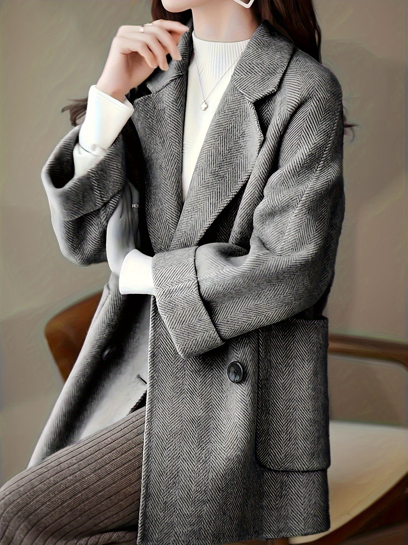 Women's Light Blue Striped Trench Coat with Pockets Long Sleeves Fall Winter Casual Textured Fabric