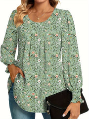 Plus Size Floral Print Blouse Women's Casual Long Sleeve Shirt Machine Washable