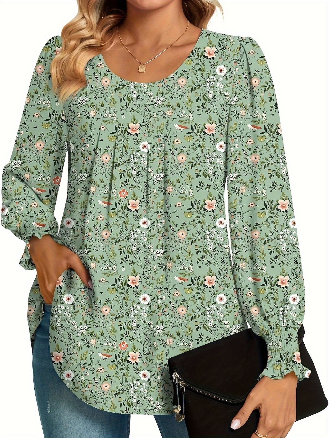 Plus Size Floral Print Blouse Women's Casual Long Sleeve Shirt Machine Washable