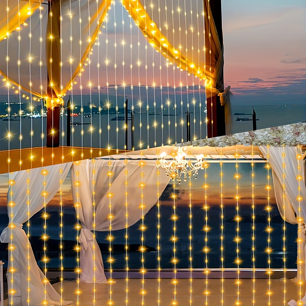 Solar-Powered LED Curtain String Lights with 8 Modes for Weddings Gardens and Celebrations