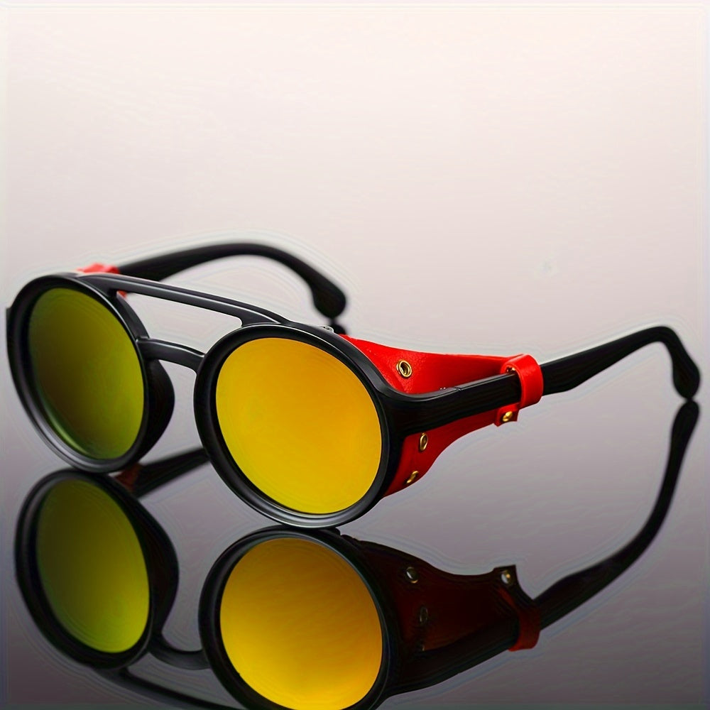 Retro Steampunk Round Sunglasses for Men and Women PU Leather Shields Double Bridge Outdoor Party Vacation Travel