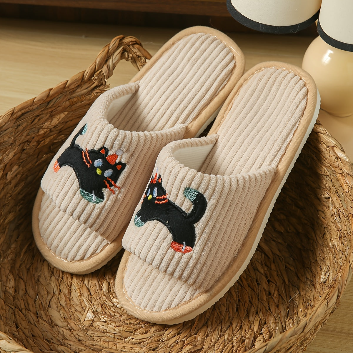 Women's Cotton Striped Cat Design Slip-On Home Slippers