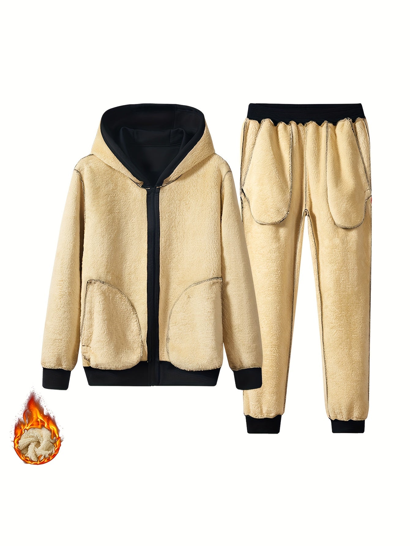 Men's Fleece Lined Tracksuit Set Hooded Zip-Up Coat and Drawstring Pants for Fall Winter