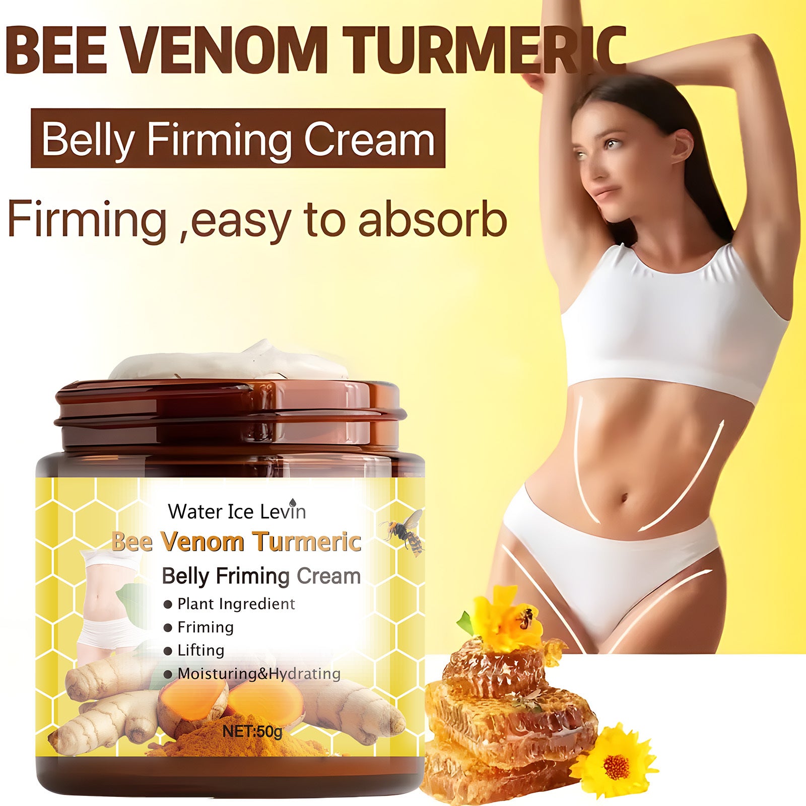 50g Hydrating Bee Venom Turmeric Face Cream for All Skin Types with Hyaluronic Acid