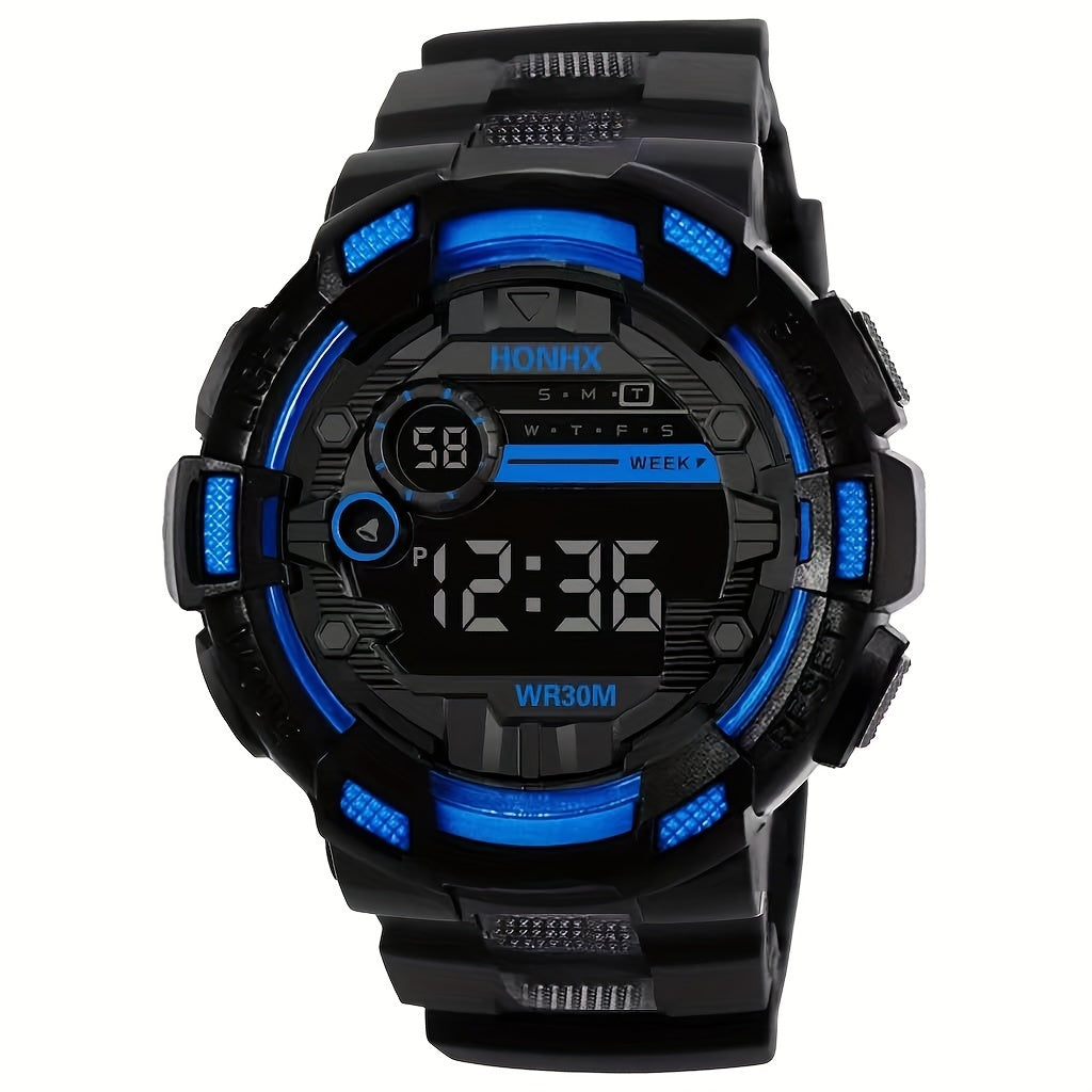 Men's Digital Sports Watch with Stopwatch Night Light and Black Plastic Band
