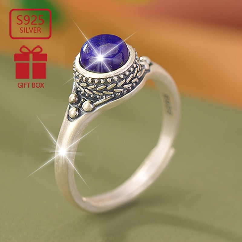 Sterling Silver Blue Chalcedony Gold Stone Round Ring for Women Everyday Wear