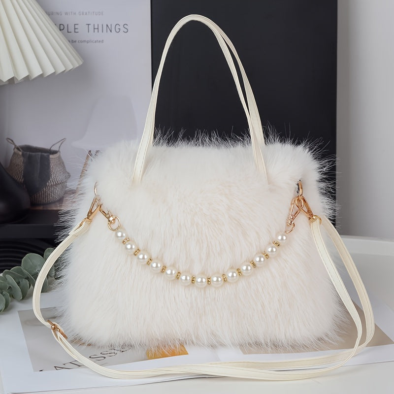 Faux Fur Crossbody Bag for Women with Pearl Accents in Pink Black White Khaki Coffee