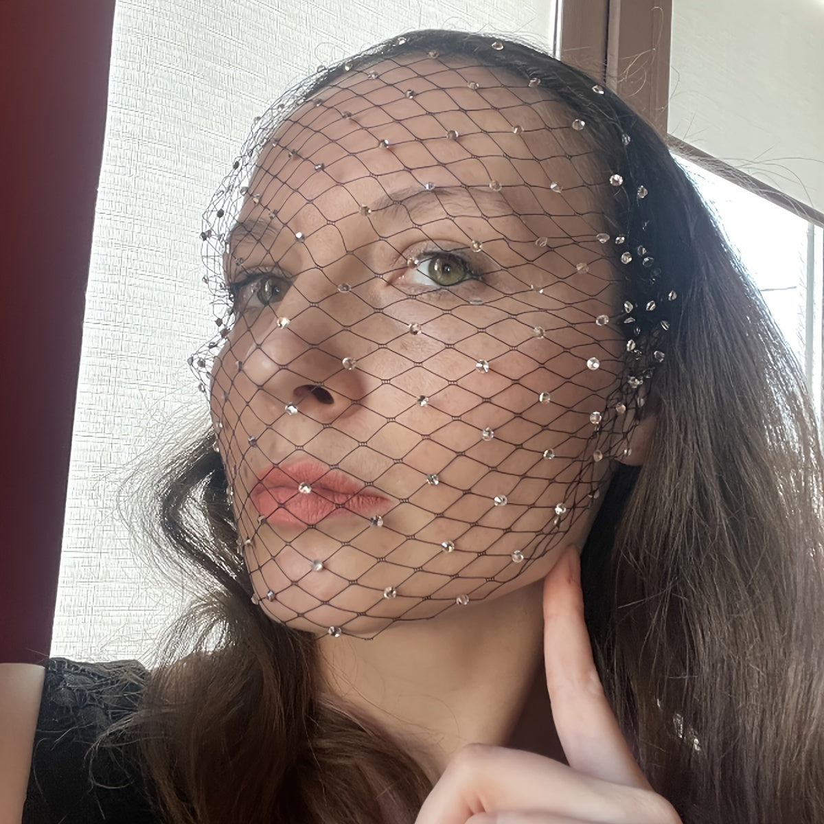 Bridal Fascinator with Birdcage Veil and Black Face Net Mask on White Headband for Women