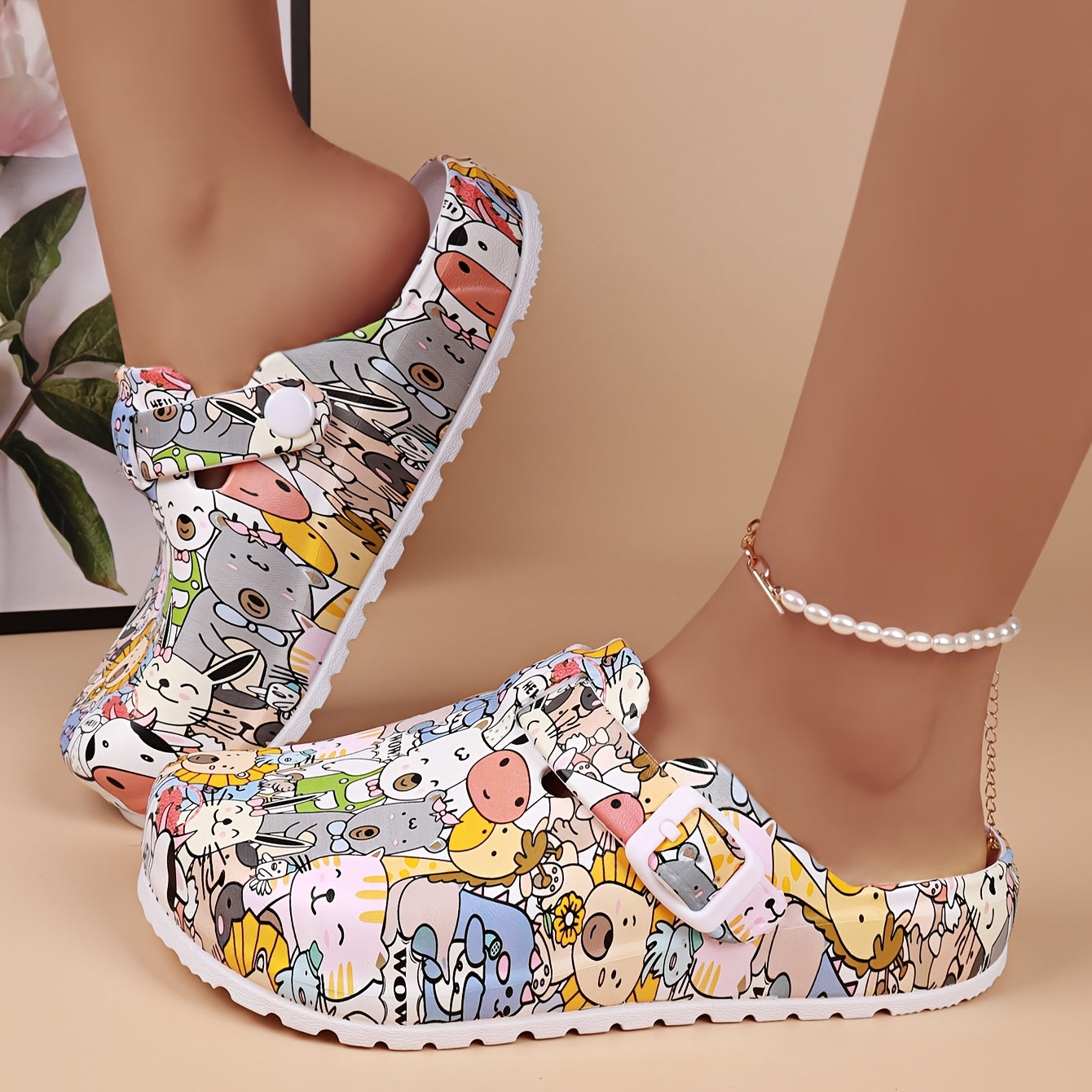 Women's EVA Animal Print Mules Clogs Flat Heel Non-Slip Easy Clean