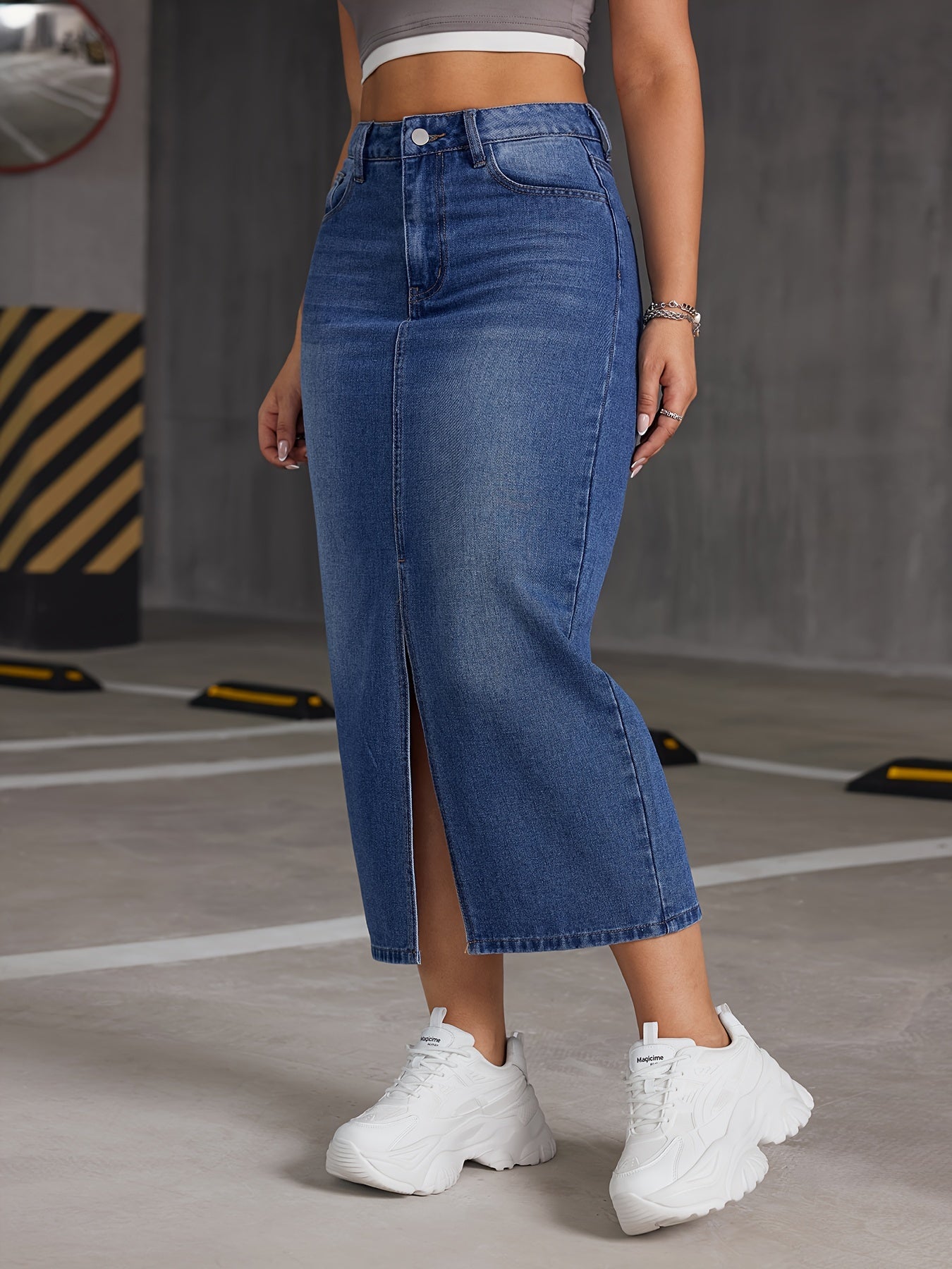 Women's Denim Midi Skirt with Slit Hem High-Waisted A-Line Casual Spring Summer Fall