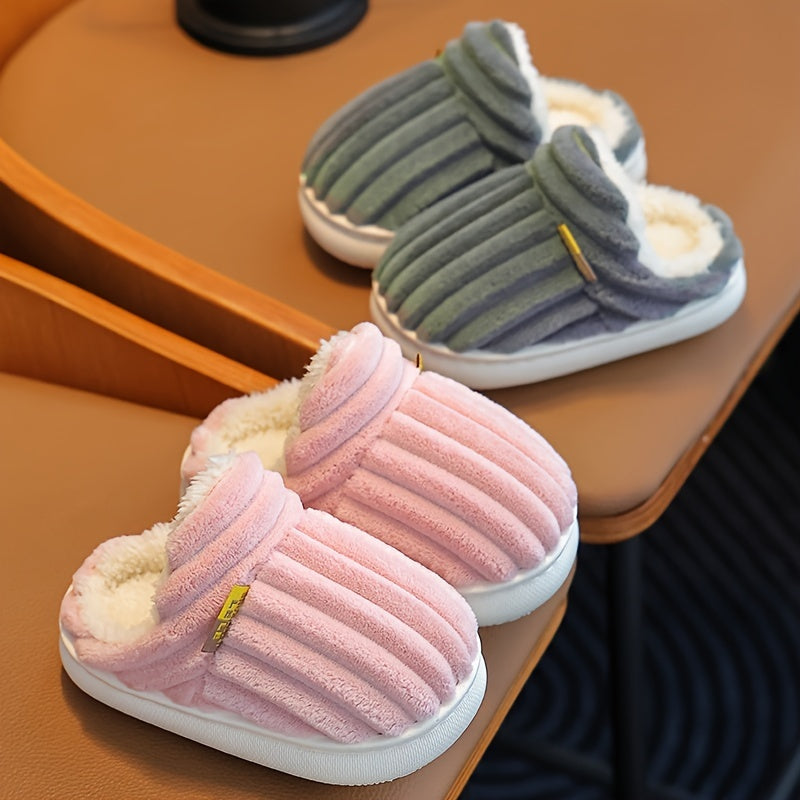 Kids Fleece-Lined Slippers Striped Fabric Upper PVC Sole Indoor Winter Toddler