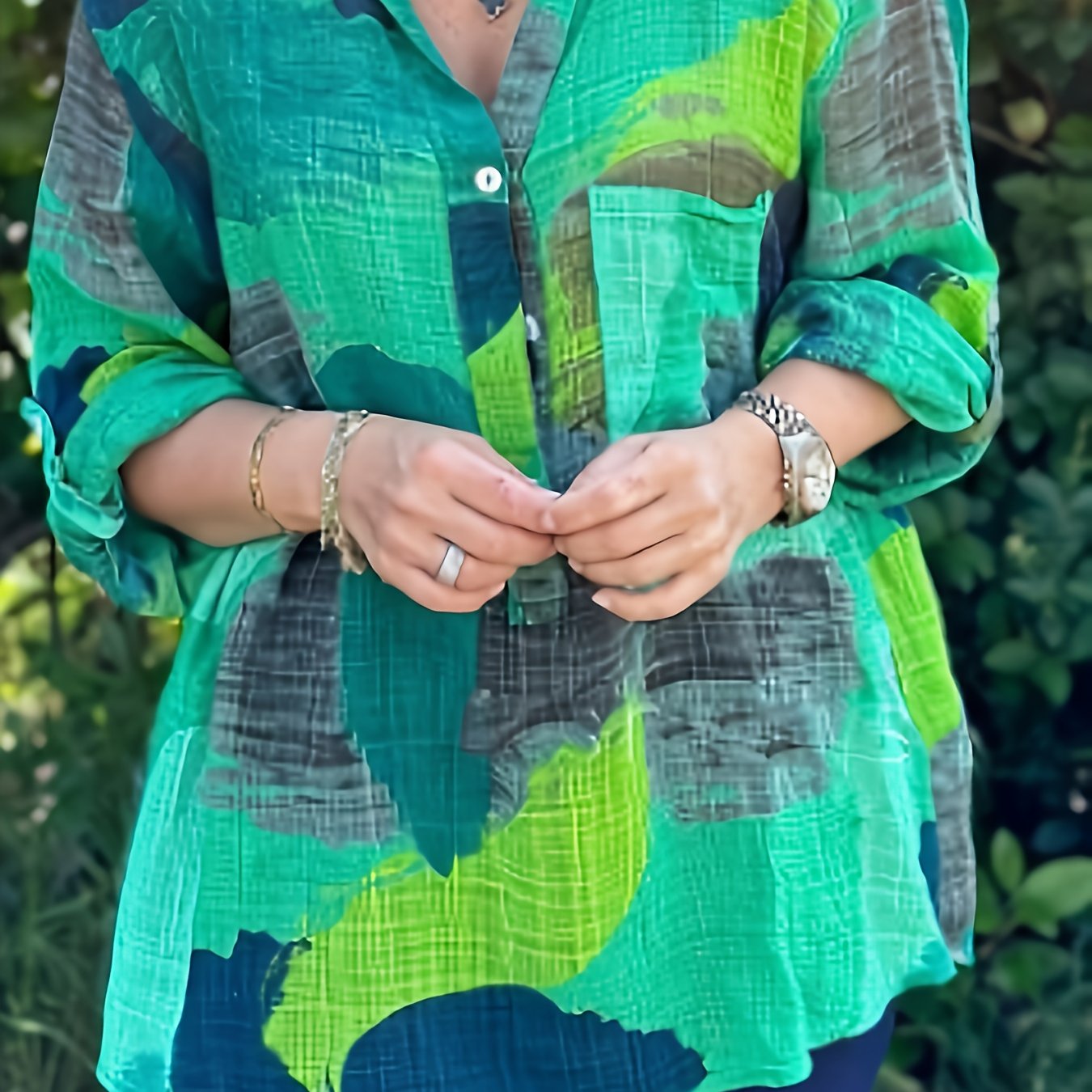 Plus Size Color Block Blouse Polyester Spandex Long Sleeve Shirt for Women