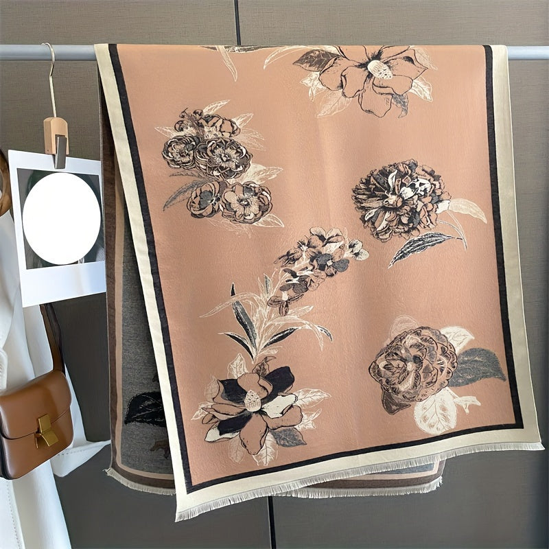 Women’s Warm Imitation Cashmere Scarf with Plant Print for Winter