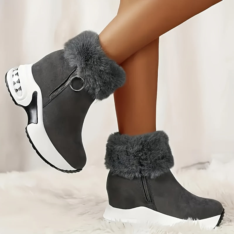 Women's Winter Ankle Boots With Plush Lining Non-Slip Thick Sole Black Brown Gray