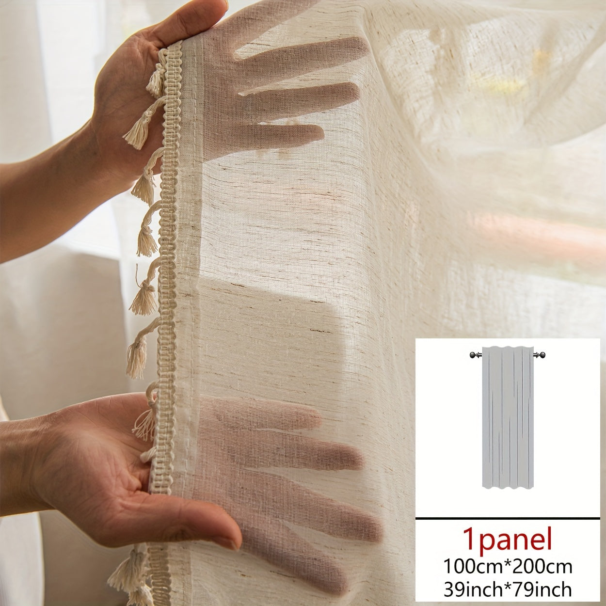 Linen Bohemian Lace Curtain with Rod Design Natural Wood Color Single