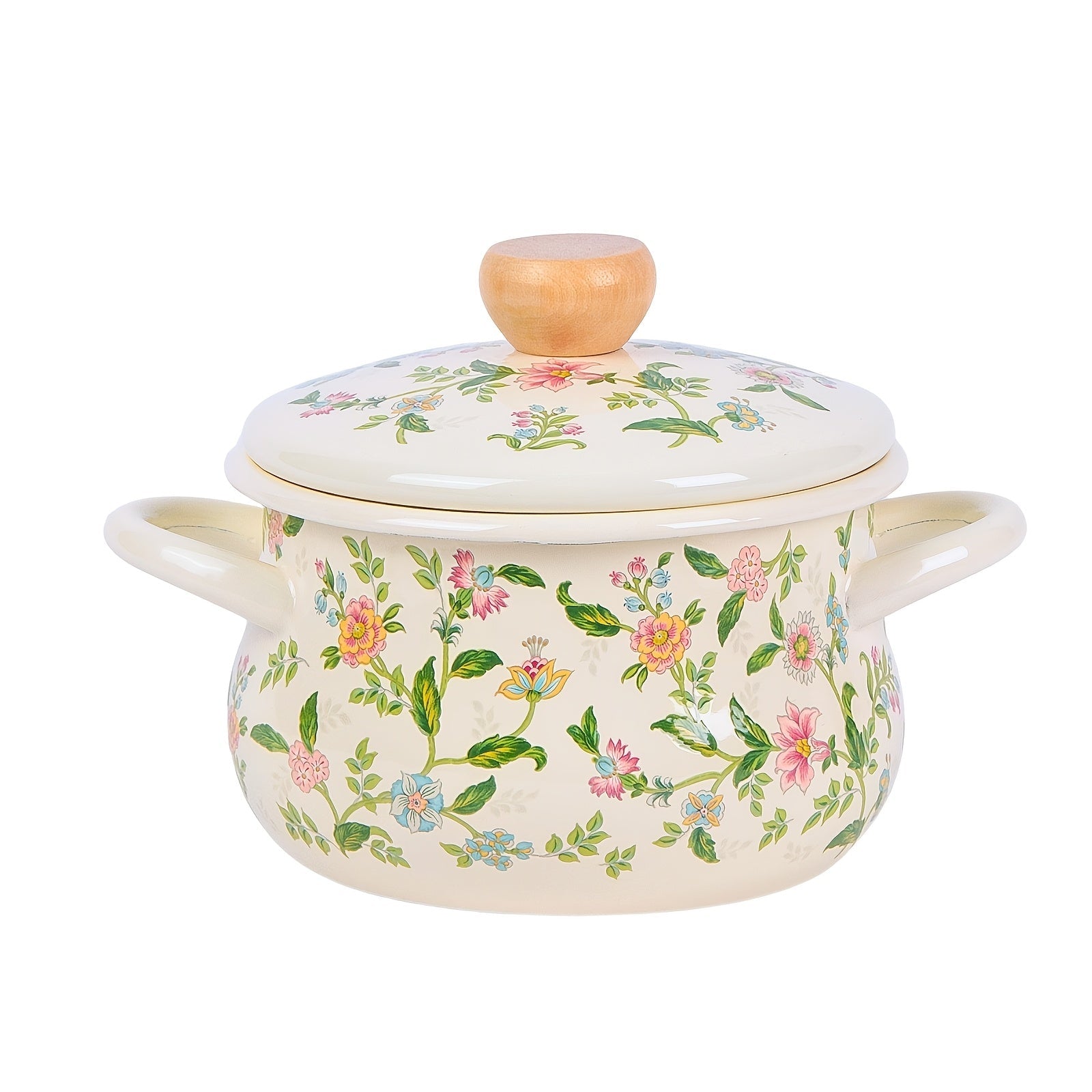 Floral Enamel Soup Pot with Rolled Edges for Open Fire and Induction Cooking