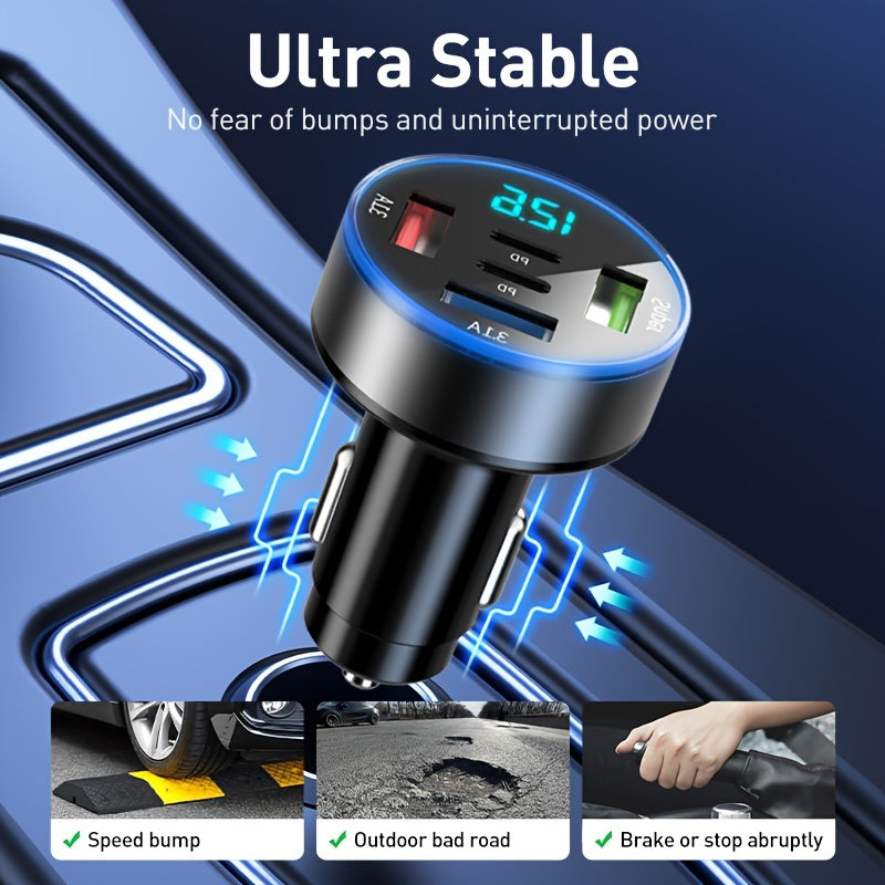 5-in-1 Avtomobil zaryadkasi raqamli displey bilan 3 USB port, 2 PD tez zaryadlash, universal avtomobil rozetkasi adapteri
