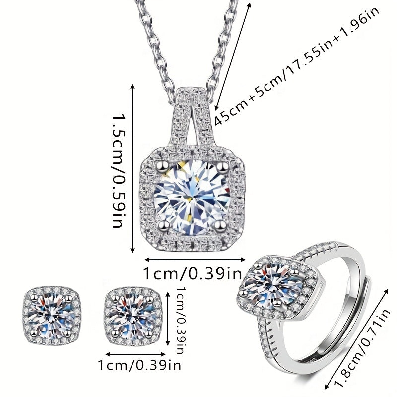 Women's Jewelry Set with Square Synthetic Zirconia Earrings Ring and Necklace Elegant Luxury Gift