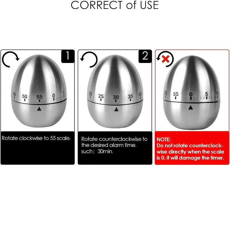 Egg-Shaped Stainless Steel Kitchen Timer 60-Minute Mechanical Alarm Cooking and Education