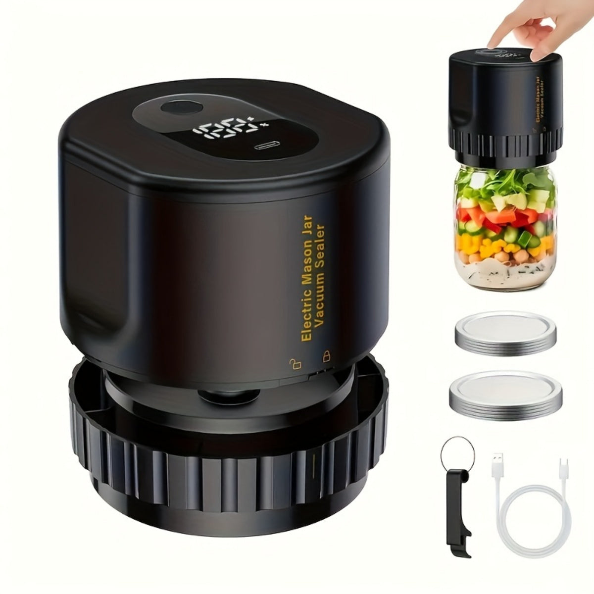 10pcs Mason Jar Vacuum Sealer Kit with Rechargeable Battery Automatic Sealing Black