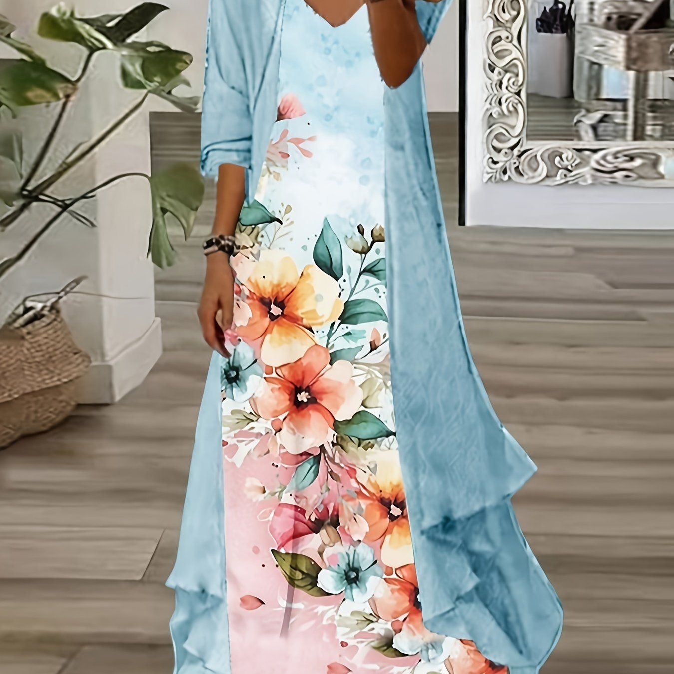 Vintage Floral Printed Short Sleeve Dress with Pleats and Fake Two-Piece Design