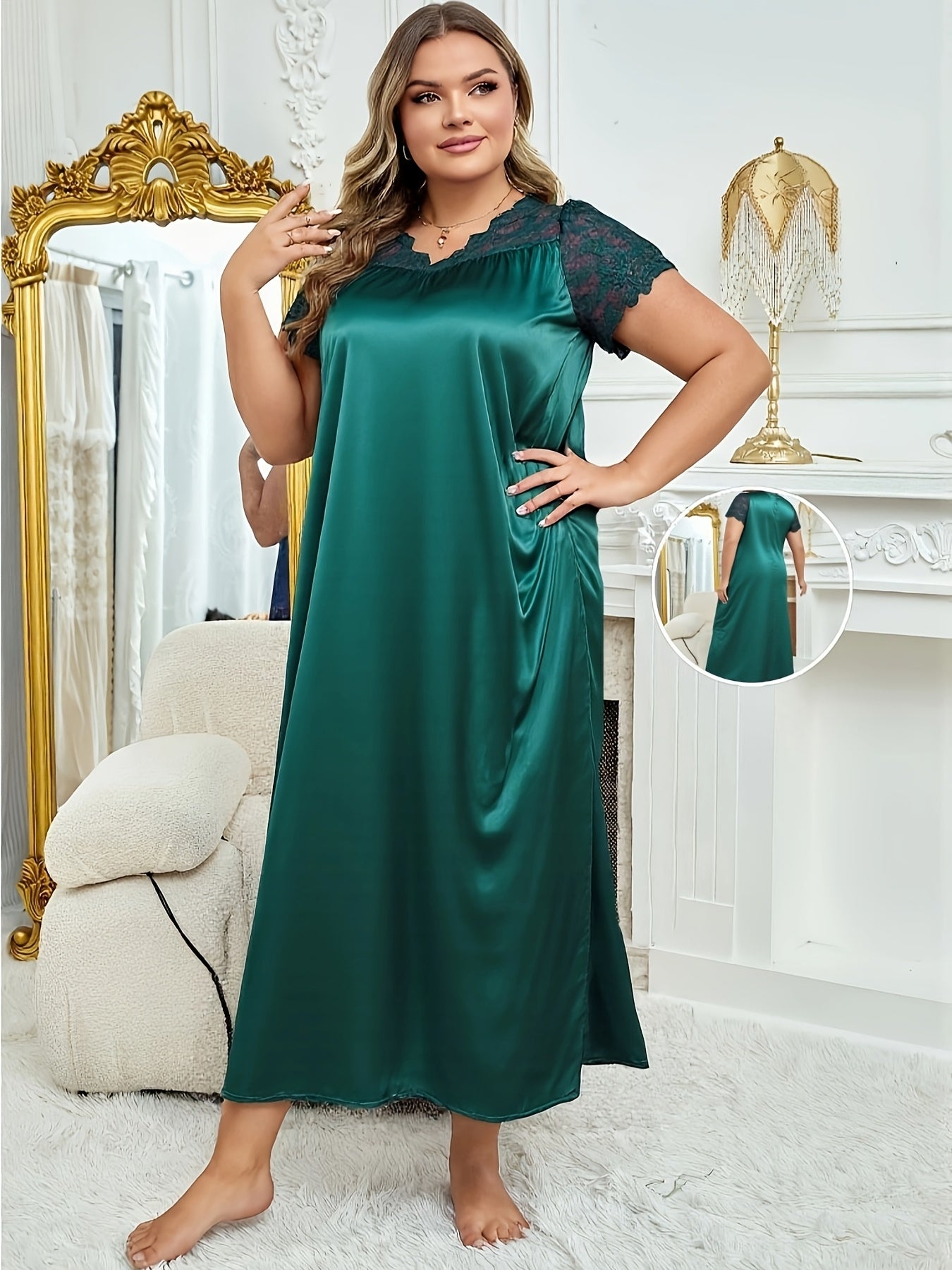 Plus Size Women's Satin-Like Sleep Dress and Robe Black All-Season Lounge