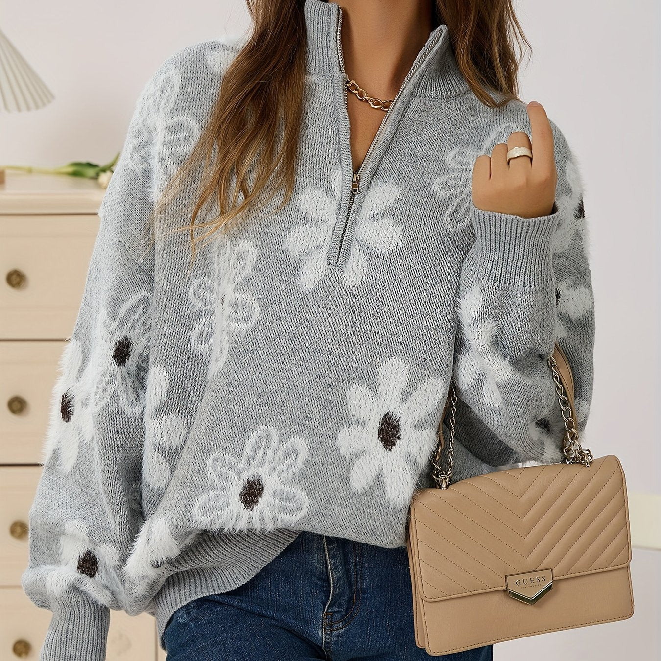 Women's Floral Pattern Zip Sweater Long Sleeve Casual Pullover for Autumn Winter