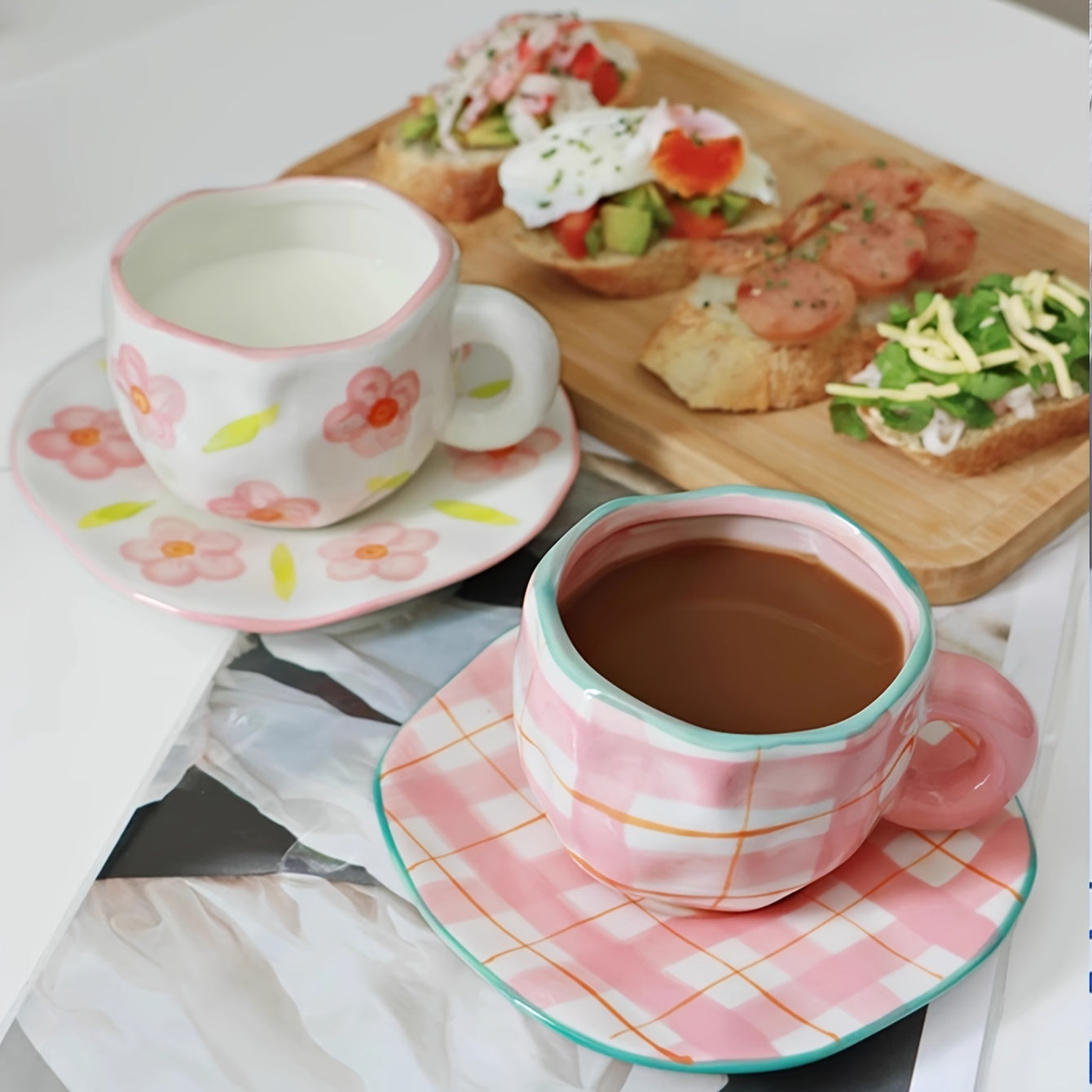 Handcrafted Ceramic Coffee Mug and Saucer Set with Whimsical Patterns Reusable and Recyclable