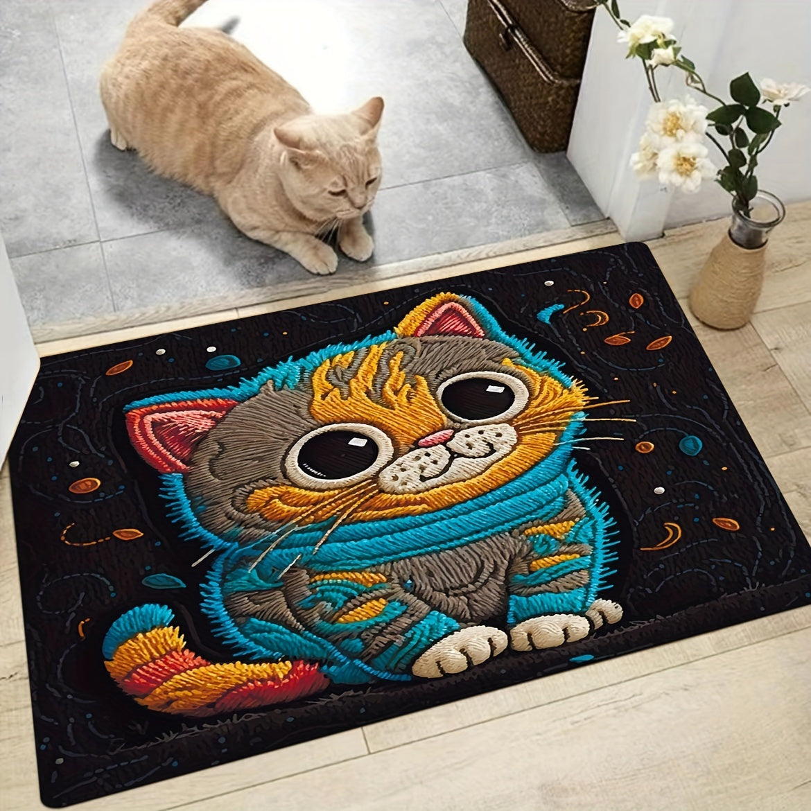 Cartoon Cat Plush Rug 8mm Indoor Mat for Bathroom Kitchen Living Room Bedroom
