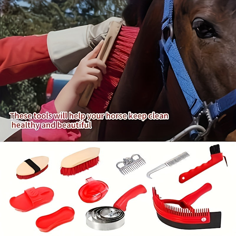 10-Piece Horse Grooming Kit PP Material Full Body Cleaning Includes Curry Comb Brushes Hoof Pick