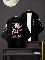 Men's Black Cherry Blossom Kimono Cardigan Open Front Floral Print Lightweight Polyester Casual