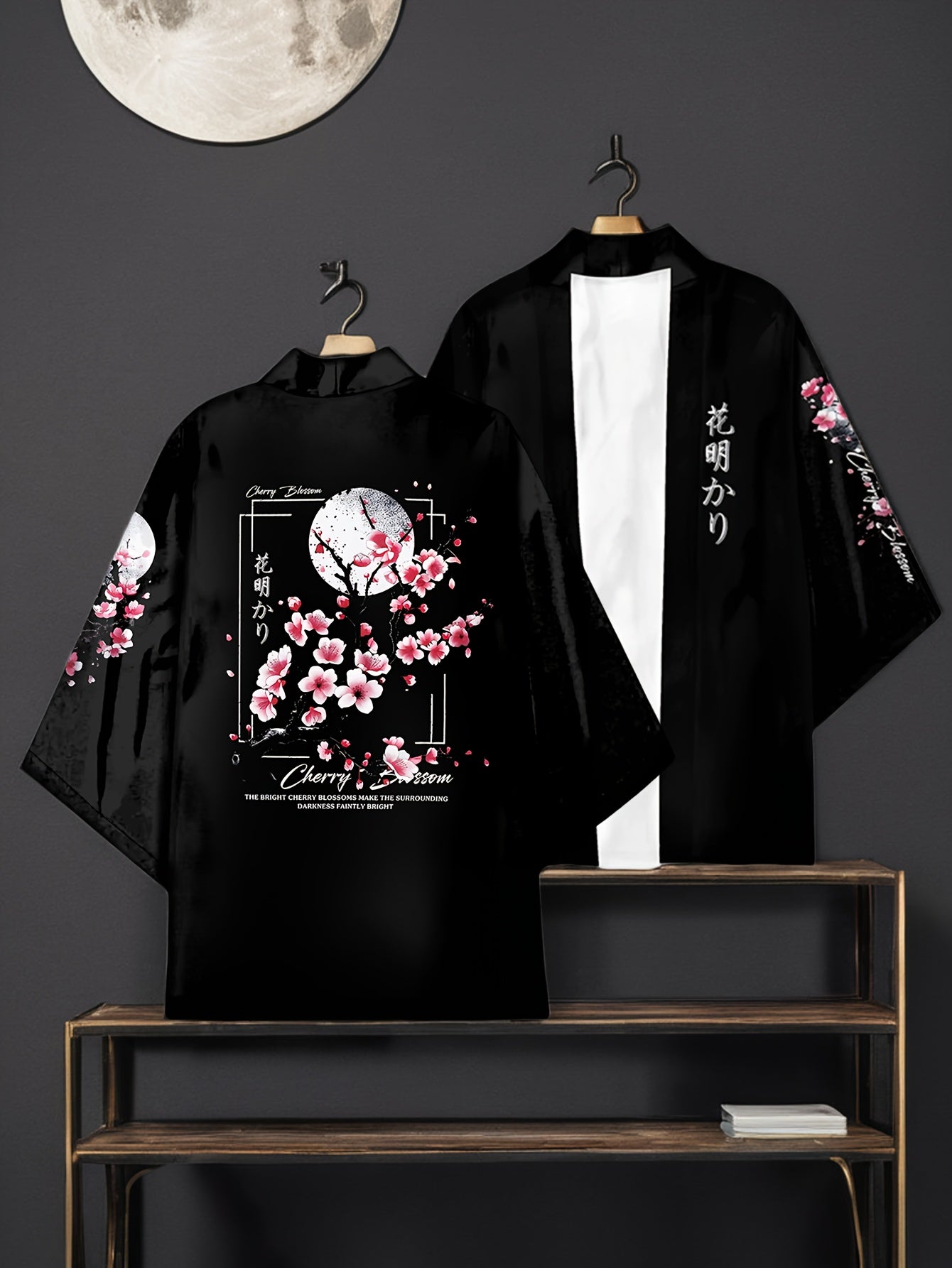 Men's Black Cherry Blossom Kimono Cardigan Open Front Floral Print Lightweight Polyester Casual