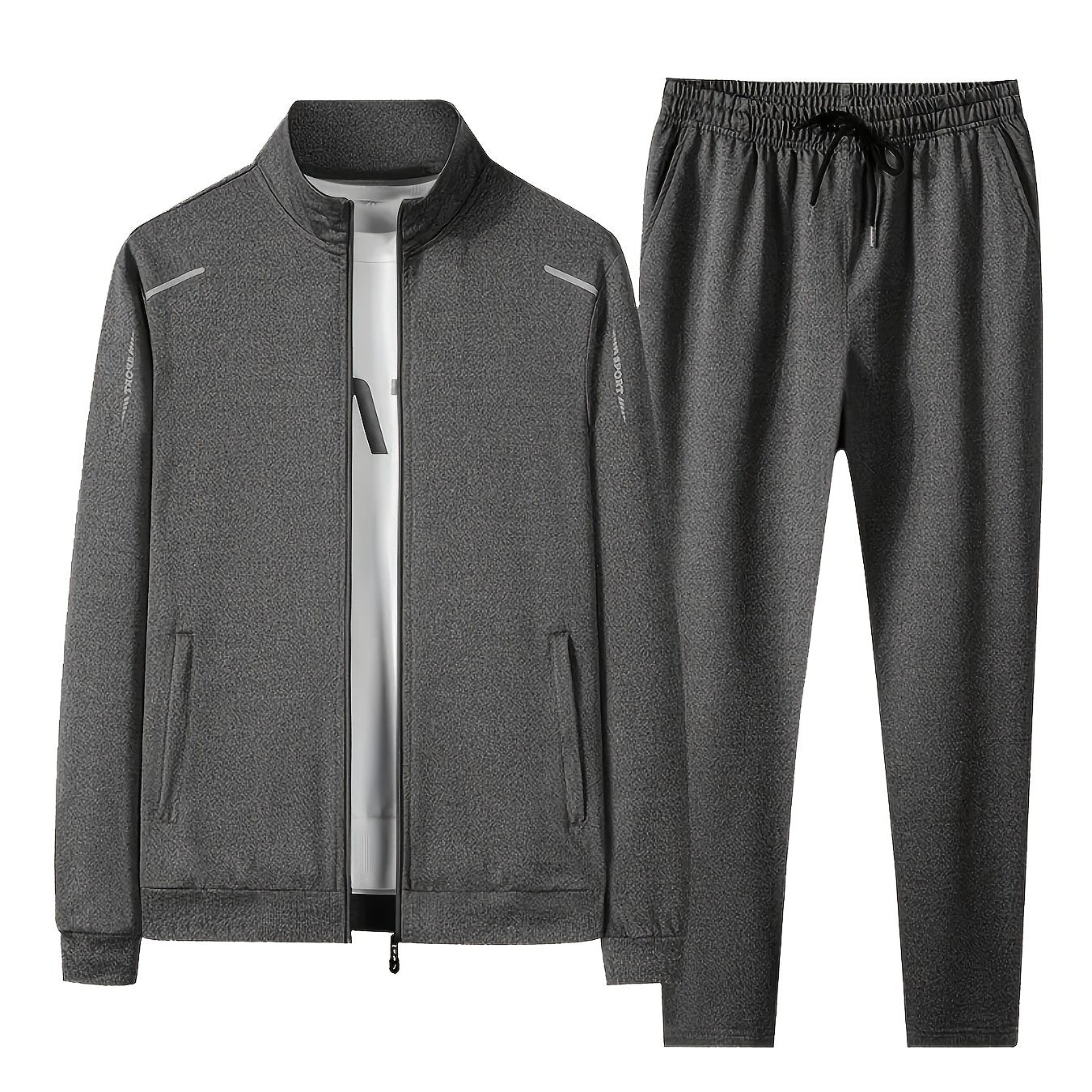Men's Casual Sportswear Set Polyester Zip-Up Jacket and Drawstring Joggers with Pockets All-Season Comfort