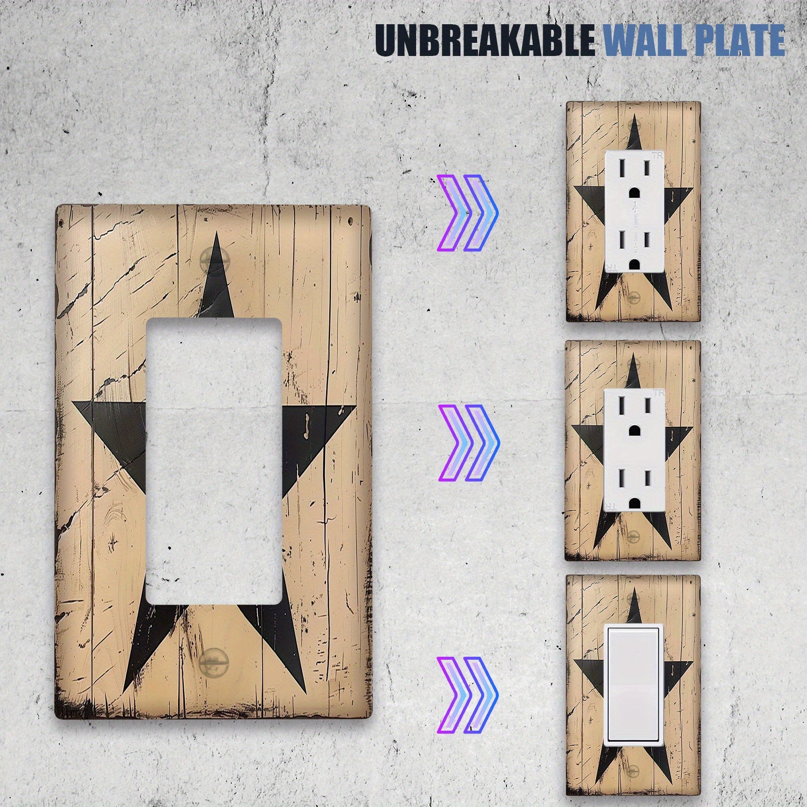 Qo'l bilan bo'yalgan rustik qora yulduz devor plitkasi yengil kalitlarga bezak qo'shadi. Elektr energiyasi talab qilinmaydi, tozalash oson, qishloq uslubidagi hammom yoki yotoq xonasi bezaklari uchun mos. Yagona va ikki gang variantlarida mavjud.