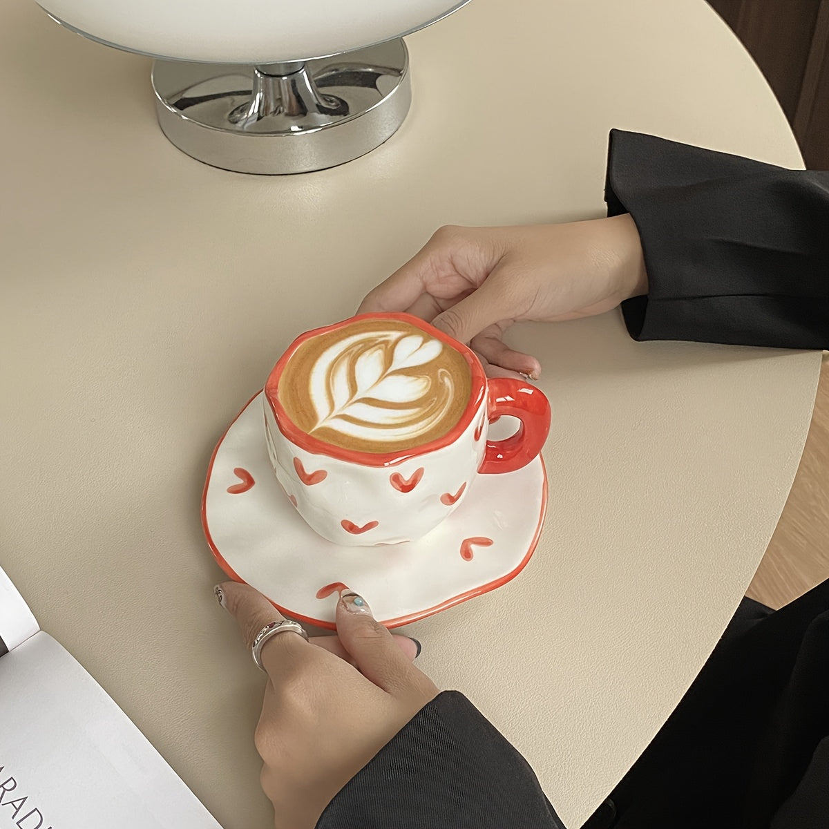Valentine's Day Irregular Ceramic Coffee Mug and Saucer Set with Hand-Kneaded Texture