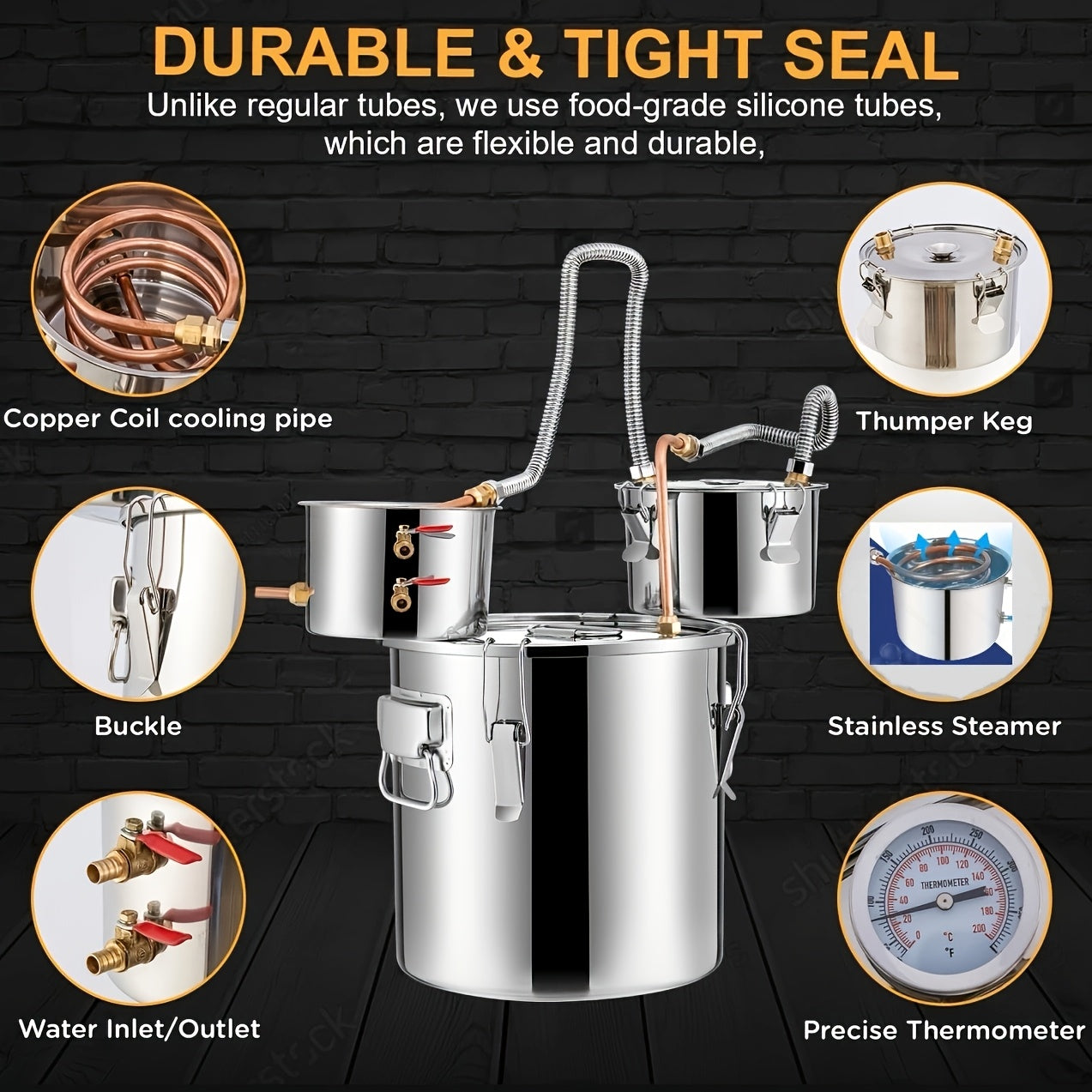 Stainless Steel Alcohol Still with Copper Tube 11.36L Home Brewing Kit for Whiskey Wine Brandy