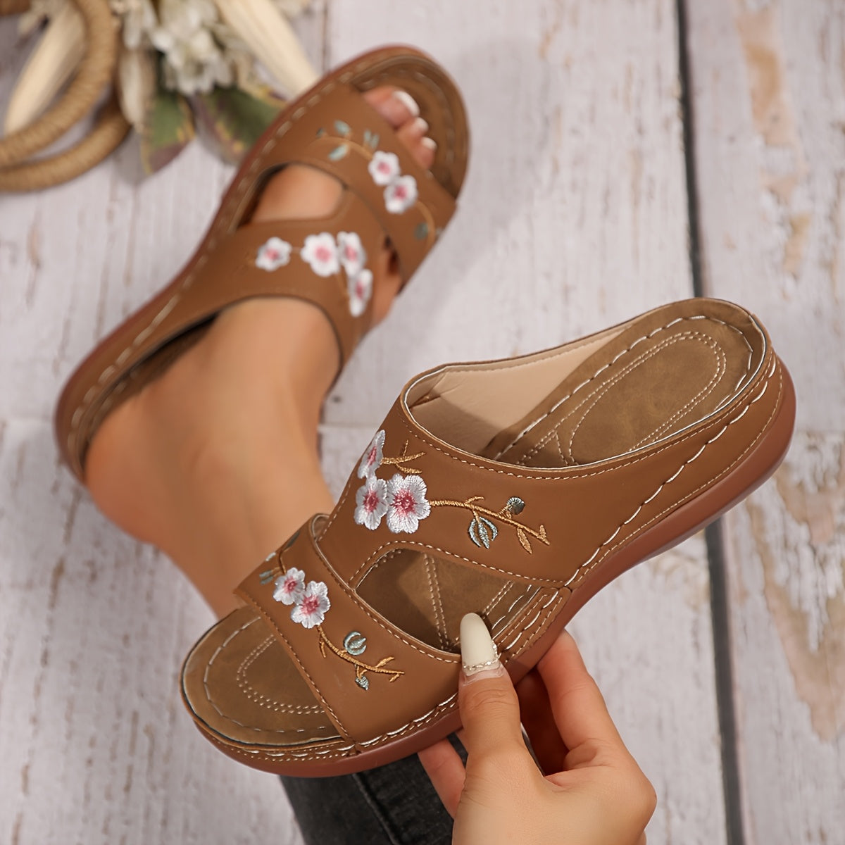 Women's Floral Wedge Sandals Faux Cover Open Toe Slip-On Summer Shoes