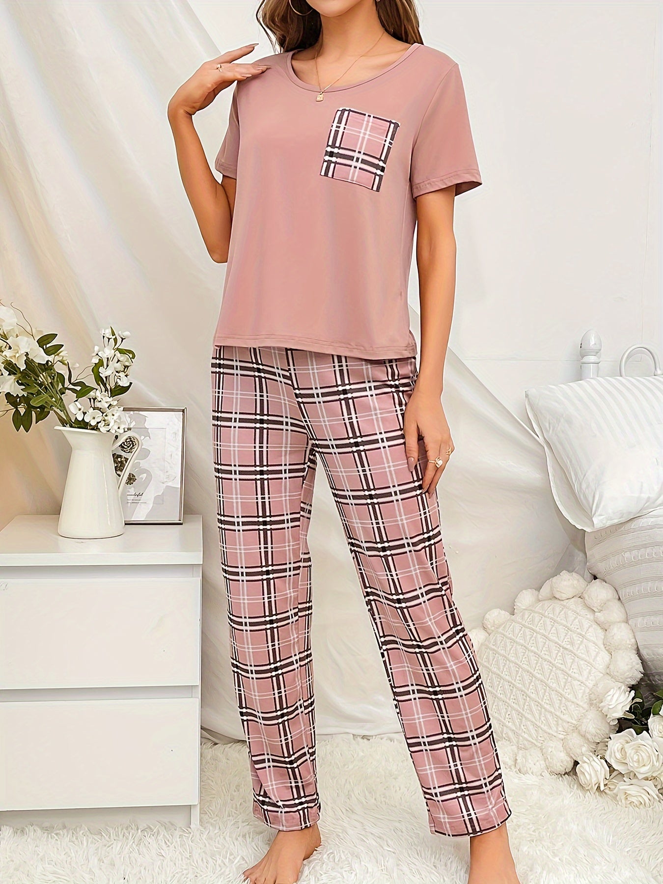 Women's Plaid Pajama Set Short Sleeve Top and Lounge Pants