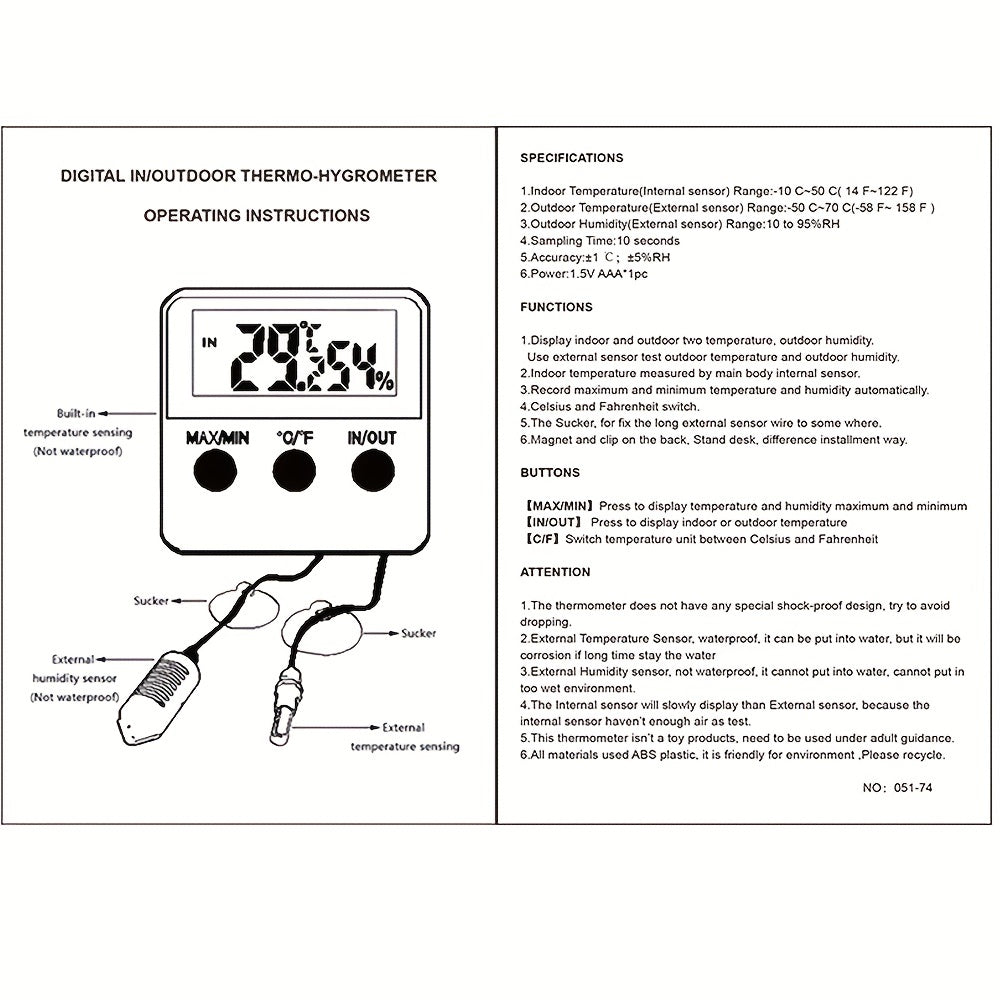 Digital LCD Thermometer Hygrometer for Incubators and Outdoor Pets with External Probe