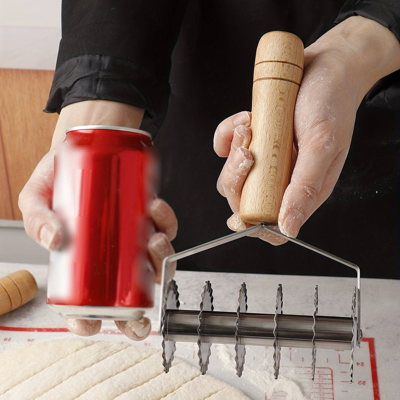 Six-Wheel Stainless Steel Cookie and Noodle Cutter with Wavy Wood Handle