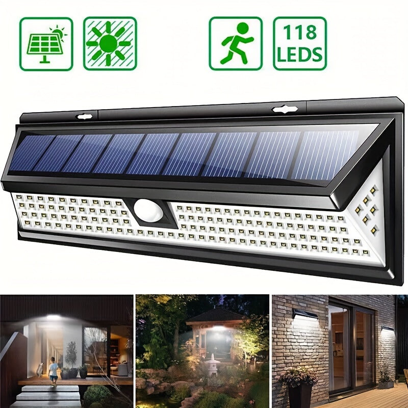 Luz de pared solar exterior con 118 LEDs, sensor de movimiento, a prueba de agua, para jardín, cerca, patio, garaje y seguridad