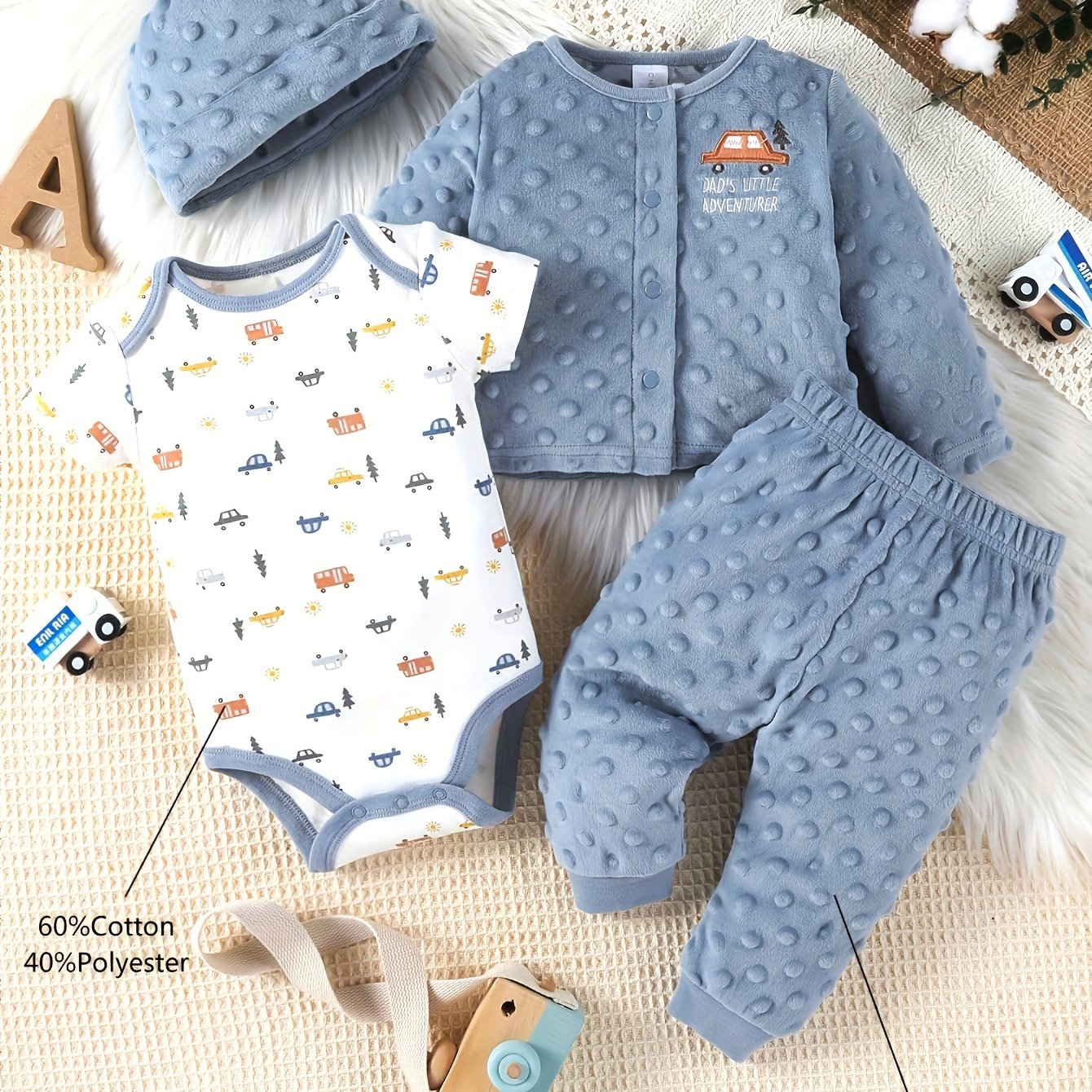 Kichkina erkaklar uchun multfilm mashina velur kostyumi, kuz-qish uchun 4 ta qismli to'plam