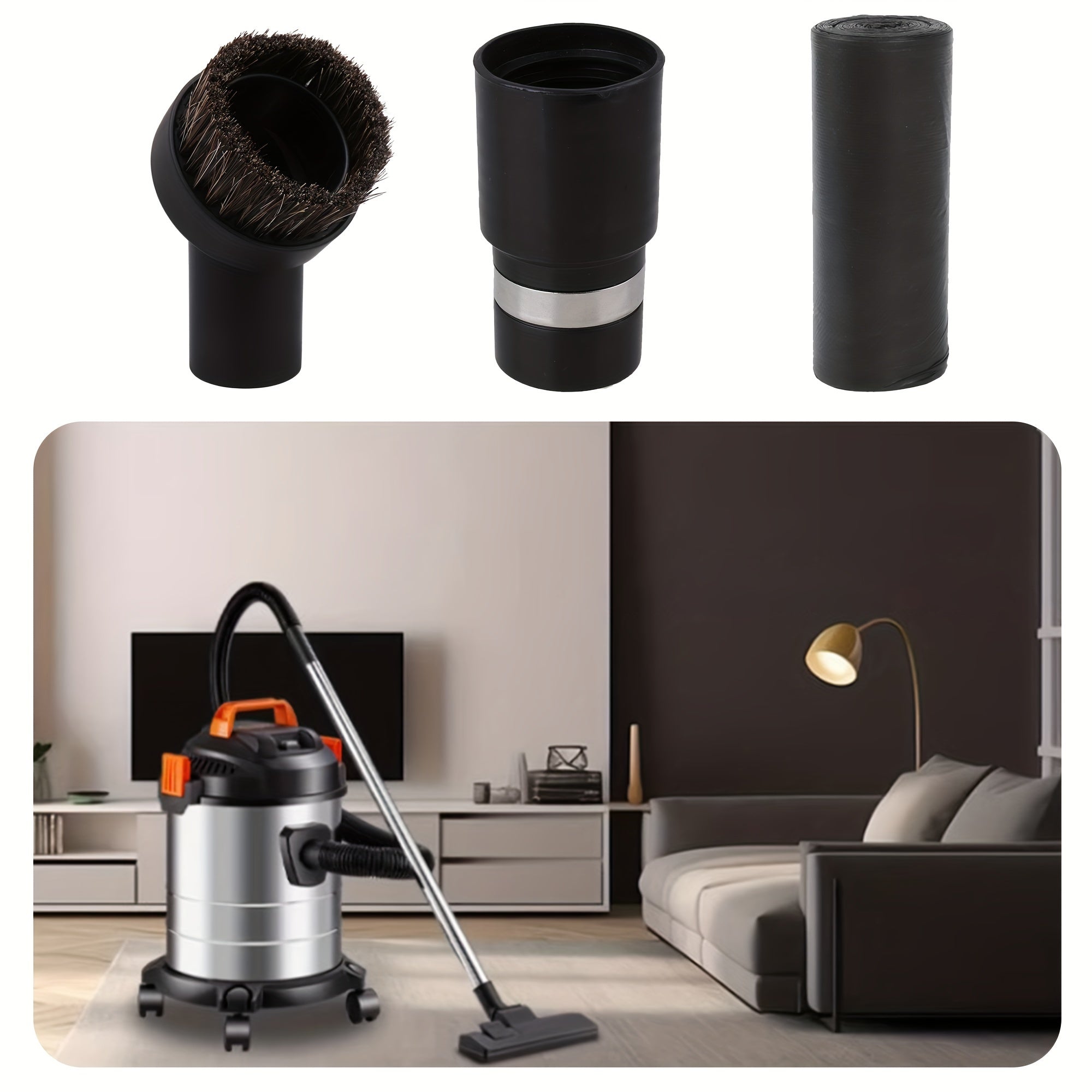 1 Ta'sirli changyutgich uchun dumaloq cho'tka qo'shimchasi, 32mm ichki diametri, 25mm cho'tka uzunligi, qora; 1 32mm quvur ulanishi, 2 oq nylon qo'lqop, 20 biodegradatsiyalanuvchi qalin tekis og'zli chiqindi sumkalari