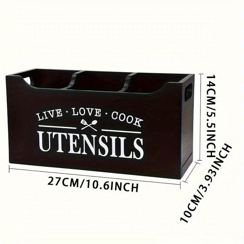 Wooden Kitchen Utensil Caddy Open Top Organizer with Live Love Cook Motif