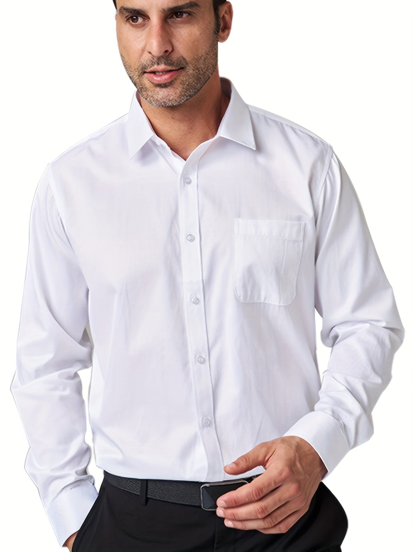 Men's Solid Color Long Sleeve Cotton Blend Shirt for Business Casual