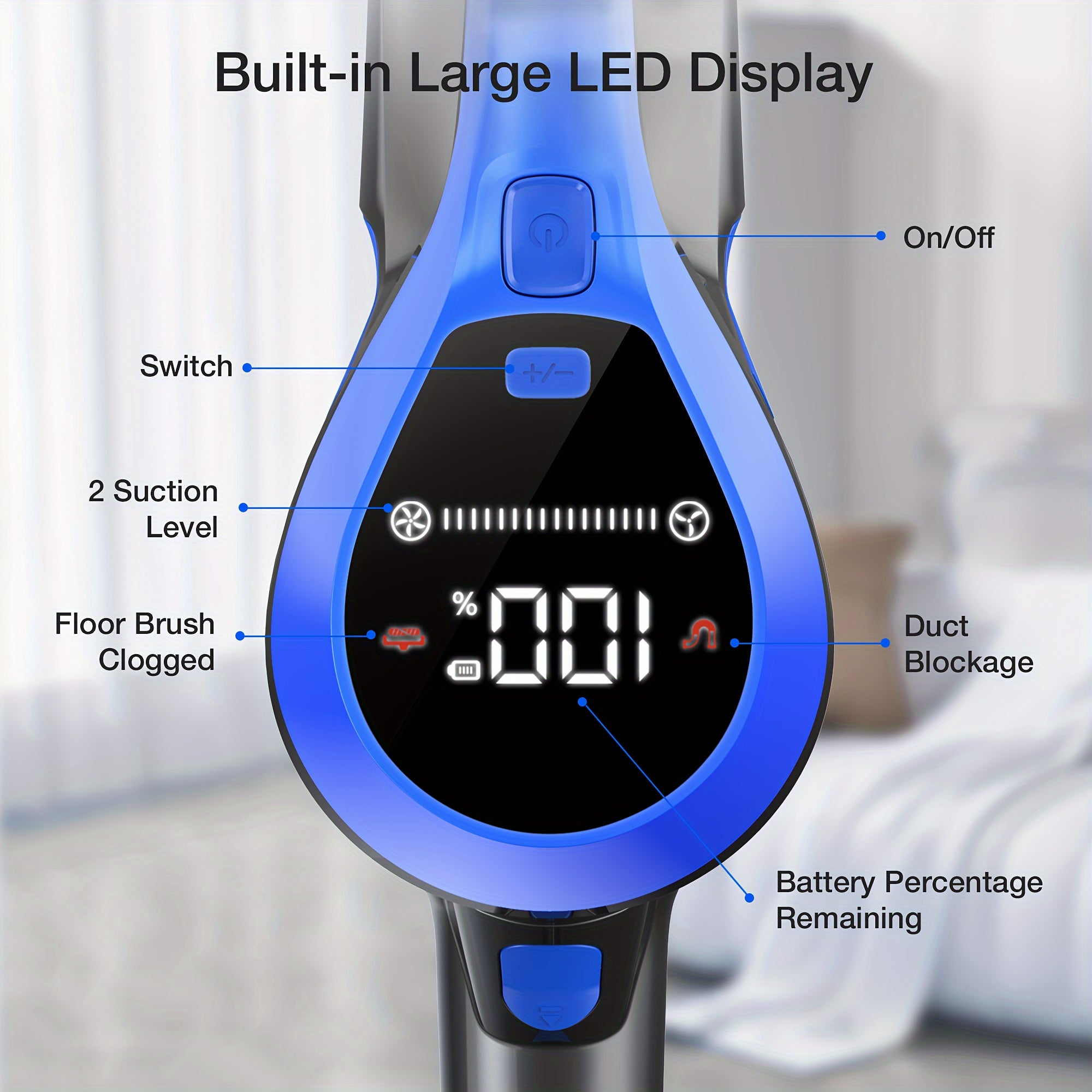 Raqamsiz tayoq changyutgich, raqamli displey bilan, 130W tortish kuchi, qattiq pol va hayvon tuklari uchun