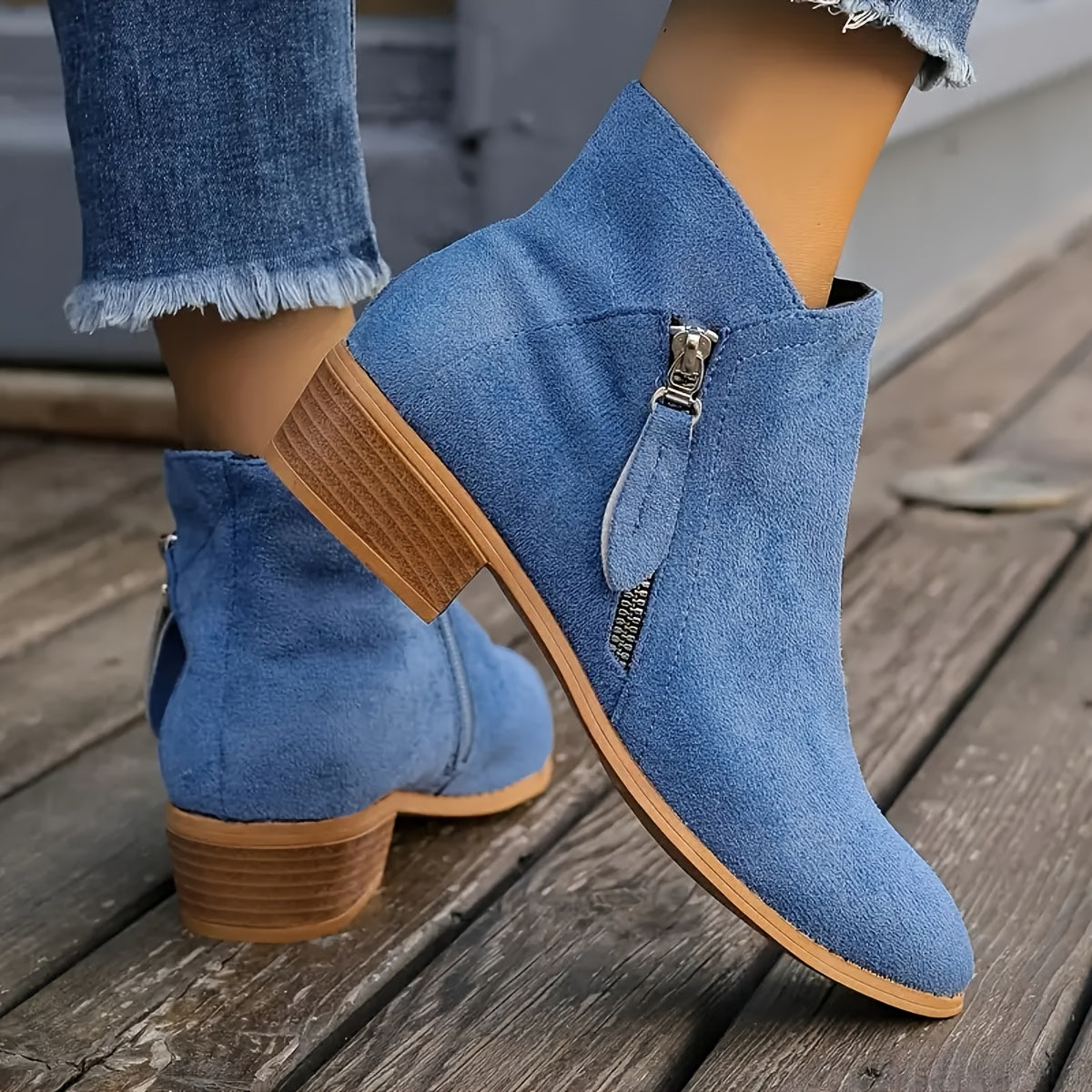 Women's Velvet Low Heel Ankle Boots with Side Zipper Casual Shoes