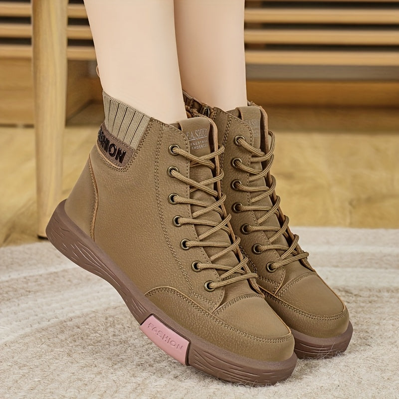 Women's Brown Faux Leather Lace-Up Boots Non-Slip Casual Formal