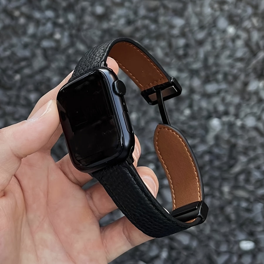 Litchi Pattern Patent Leather Apple Watch Strap Water-Resistant with Magnetic Buckle Beige Dark Brown