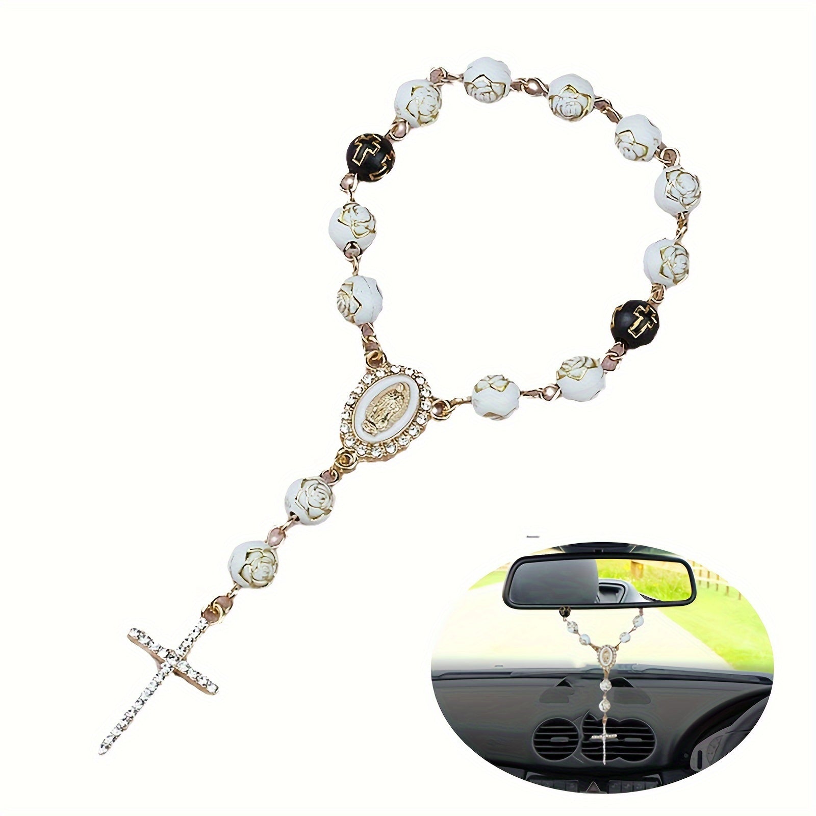 Car Rearview Mirror Beaded Rosary Cross Charm Faux Pearl Alloy Decoration
